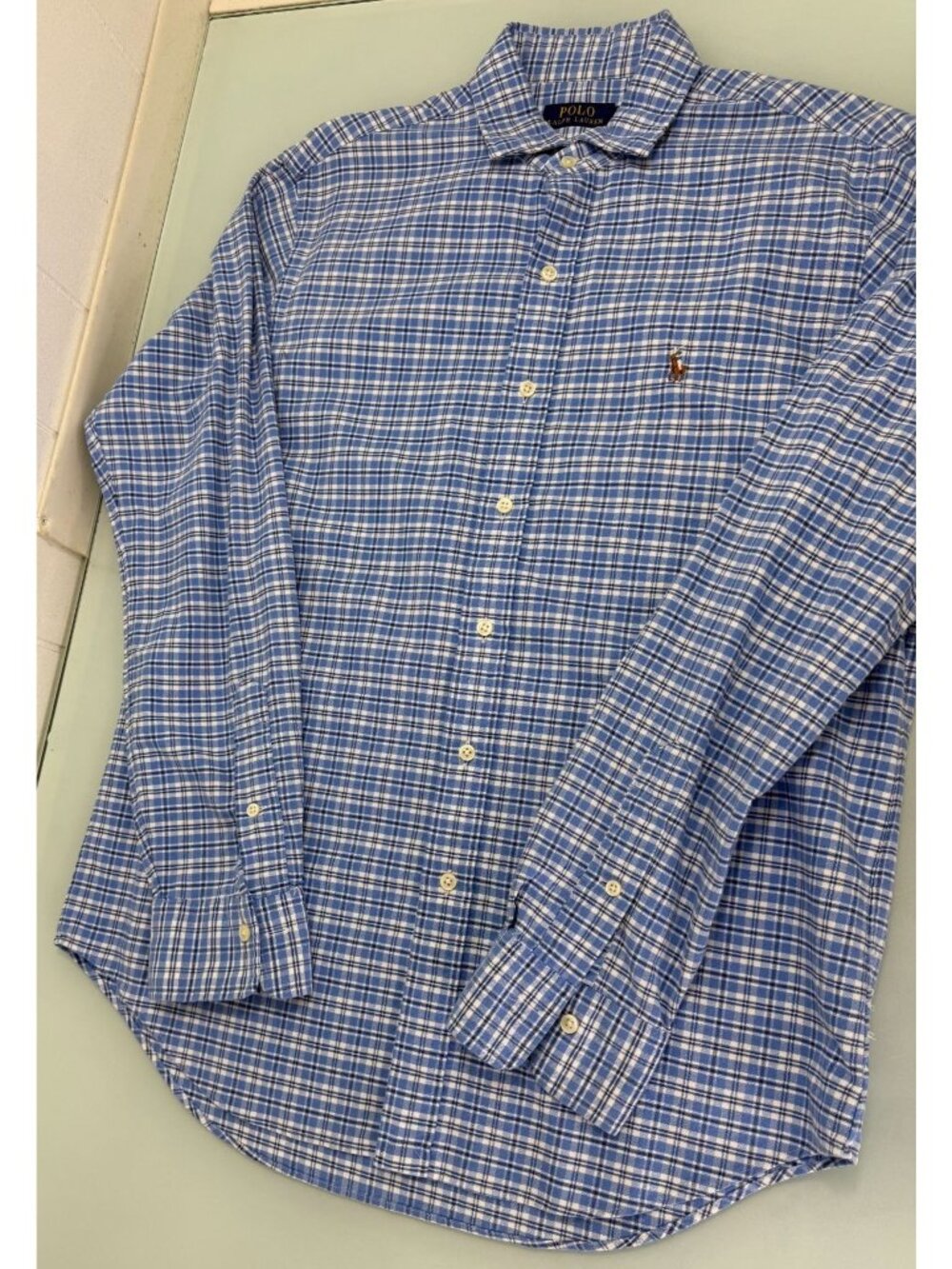 Polo Ralph Lauren Mens Shirt M Medium Flesh Pony Blue Plaid Long Sleeve Preppy
